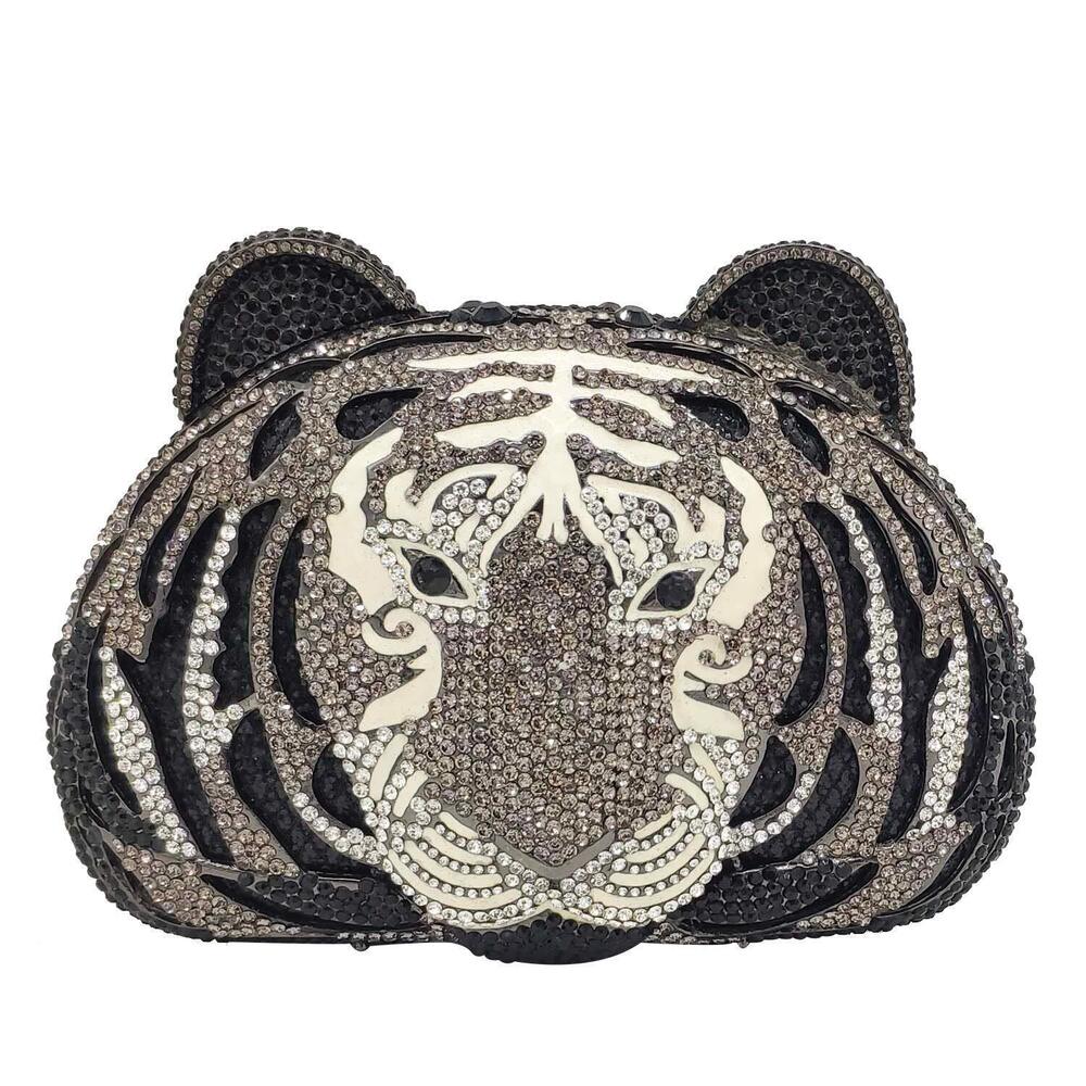 5674 Tiger Clutch Purse Animal Crystal Evening Bag Formal Party Rhinestone
